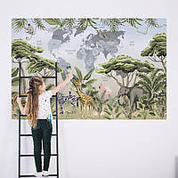 Вінілова інтер'єрна наклейка кольорова декор на стіну "Карта світу українською мовою у тропіках із тваринами" з оракалу