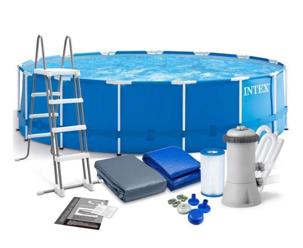 Басейн каркасний Intex 28242 розмір 457x122см, об'єм 16805л (картриджний фільтр-насос, драбина, тент, підкладка)