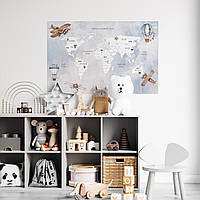 Вінілова інтер'єрна наклейка кольорова декор на стіну "Карта світу українською мовою з літаками" з оракалу