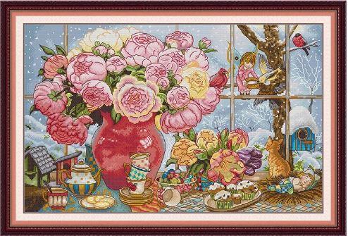 Набір для вишивання за нанесеною на канву схемою "Peonies and Elves". AIDA 14CT printed, 57*38 см