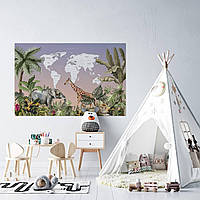 Вінілова інтер'єрна наклейка кольорова декор на стіну "Карта світу українською мовою у тропіках" з оракалу