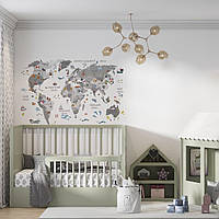 Вінілова інтер'єрна наклейка кольорова декор на стіну "Карта світу українською мовою с детскими картинками" з оракалу