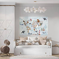 Вінілова інтер'єрна наклейка кольорова декор на стіну "Карта світу українською мовою з тваринами та рибками" з оракалу