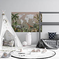 Вінілова інтер'єрна наклейка кольорова декор на стіну "Карта світу українською мовою з тваринами тропічними" з оракалу