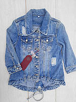 Джинсовая куртка-парка детская с потертостями на пуговицах для девочек 3-9 лет,цвет голубой