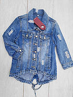 Джинсовая куртка-парка детская рванка на рукавах на пуговицах для девочек 3-9 лет,цвет голубой