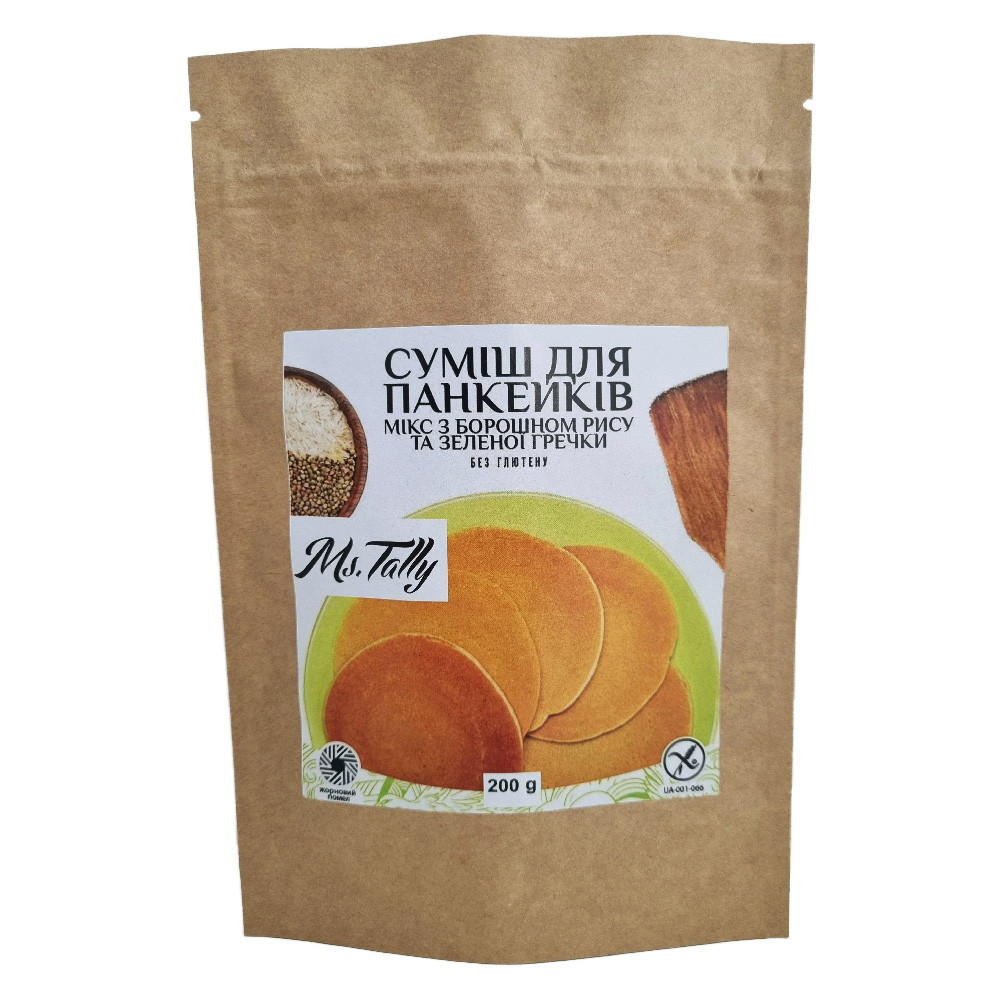 Cумiш для панкейкiв мiкс з борошном рису та зеленої гречки Ms.Tally, 200 г