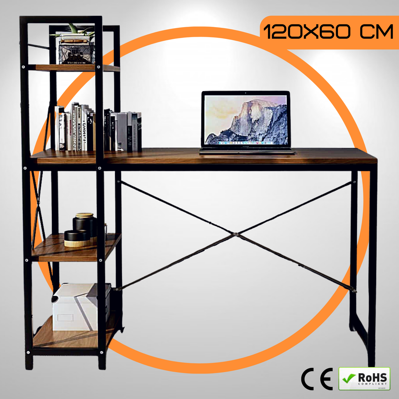 Комп'ютерний Стіл Лофт 120 x 60 см Bonro BN-003 Loft Офісний Письмовий Стіл з Боковими Полицями Темно - Коричневий