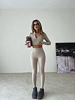 Женский стильный молодежный трендовый красивый удобный повседневный костюм топ и лосины (черный, беж, шоколад) Бежевый, 42/44