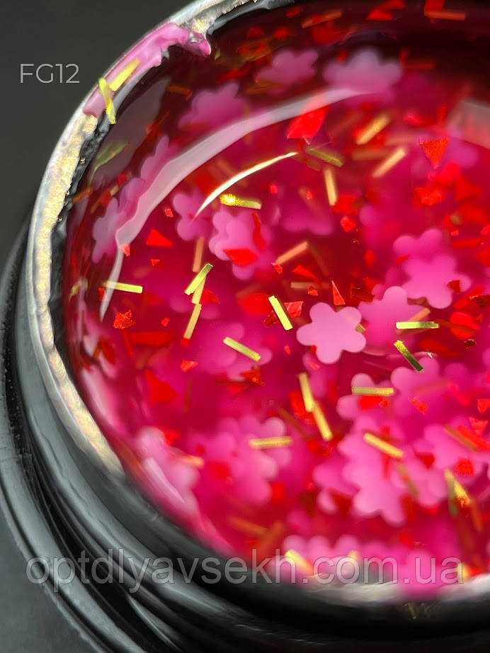 Foil flower gel Дизайнер (5мл.) гель с цветочками из фольги. Рожевий FG12