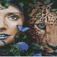 Алмазна мозаїка Дівчина з леопардом 30х30 см круглі камені-стрази, на підрамнику, у кор. ТМ Стратег, Україна