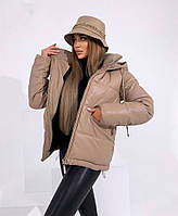 Женская куртка эко-кожа с капюшоном Размеры 42, 44,46,48 бежевая