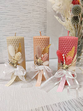 Набір декоративних натуральних свічок із вощини з сухоцвітом, 3шт./набір