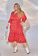 Платье легкое романтическое красное с цветочным принтом на запах миди большого размера 50-64. 105578