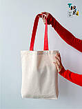 Котонова торба середньої щільності з червоними ручками з дном без друку Розмір: 35cм х 38см х 7см, фото 3