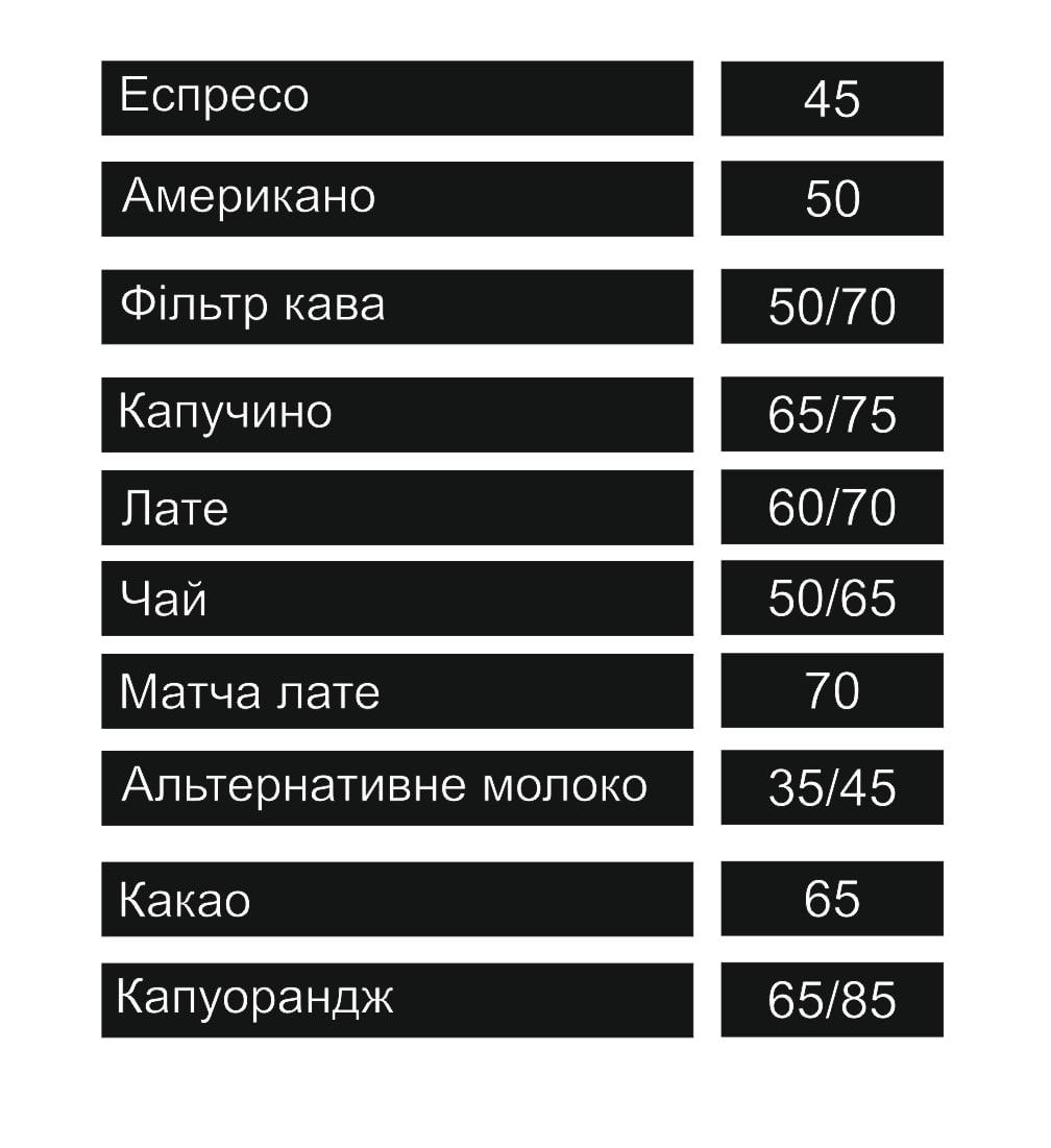 Набірне меню на двусторонньому скотчі для кав'ярні та бару на замовлення