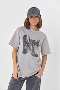 Жіноча футболка вільного крою з принтом корсет - світло-сірий колір, L (є розміри)