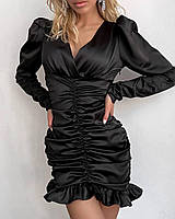 Женское шелковое нежное короткое платье с длинным рукавом тренд стильное черный, изумруд, молочный Чорний
