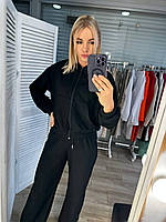 Велюровый женский костюм штаны + кофта худи короткая в рубчик кенгуру спортивный повседневный черный беж мелан