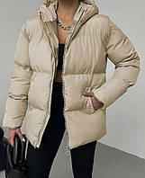 Женская куртка зима с капюшоном стильная трендовая базовая черный, серый, бежевый Бежевий