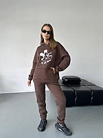 Женский спортивный костюм двойка худи + штаны зима осень с принтом беж шоколад метал