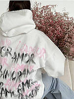 Женская худи кофта с капюшоном теплая удобная разрисованная зима осень с принтом AMOR AMOR малина молоко черн