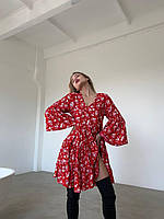 Женское легкое красное платье цветочный принт длинный рукав тренд оверсайз