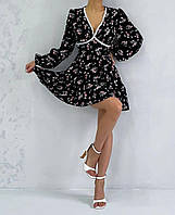 Женское платье мини с кружевом нежное легкое весна лето черный цвет цветочный принт