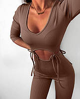 Женский комбинезон в рубчик со шнуровкой между лосинами и топом для спорта рукав 3/4 черный, оливка, шоколад