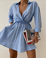 Женское короткое платье рубашка с поясом легкое нежное длинный рукав стильное на каждый день