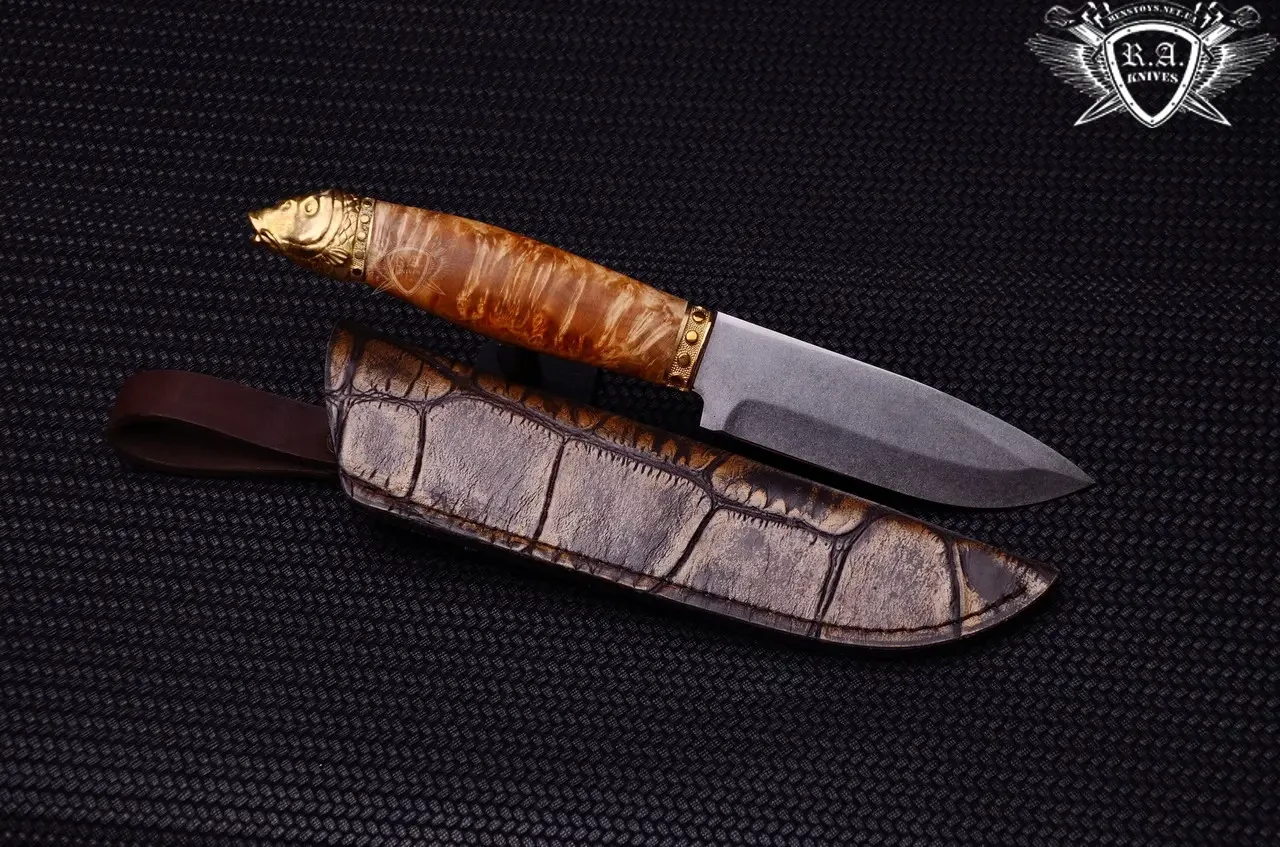 Нож ручной работы "Зеркальный карп" 125х35х2.5мм из инструментальной стали и рукоятью из капа клена, фото 1