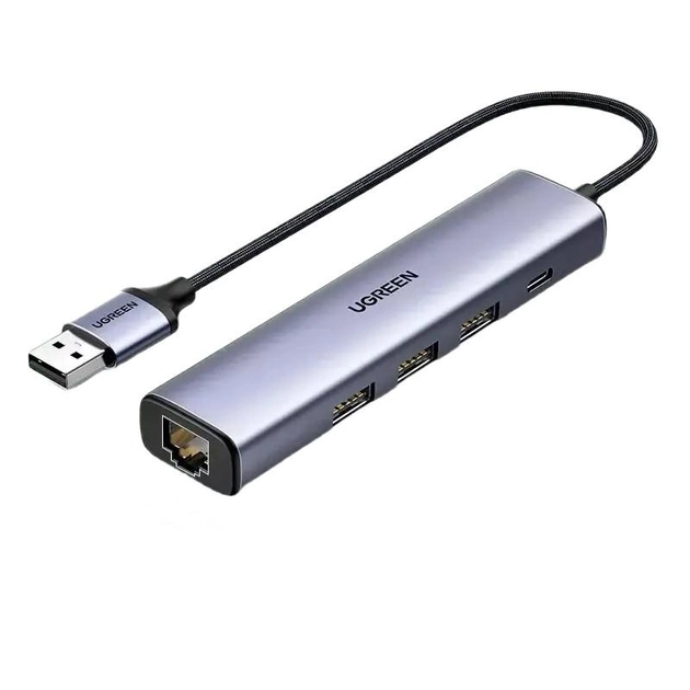 Концентратор Ugreen 60554 Ethernet-адаптер USB3.0 to RJ45 Gigabit Ethernet 3xUSB HUB з додатковим живленням, фото 1