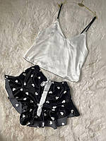Красивая легкая женская черная с белым пижама майка и шорты из шелка, Модный атласный летний пижамный комплект L