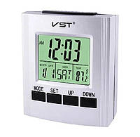 Говорячи настільний годинник ВСТ-7027c, з термометром сірого