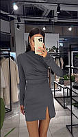 Женское платье мини с разрезом короткое в обтяжку стильное подчеркивает фигуру длинный рукав черный графит хак
