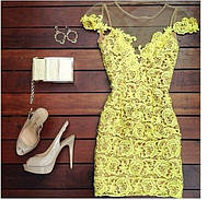 Женское короткое желтое платье, Красивое кружевное латье приталенное до колена