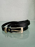 Ремень пояс женский черный кожаный тонкий узкий с золотистой пряжкой