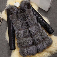 Женская меховая жилетка с кожаными рукавами / Хит продаж Короткая шуба из эко меха