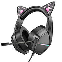 Дротові навушники Borofone BO106 Cute cat ear luminous gaming headphones with mic phantom cat Black