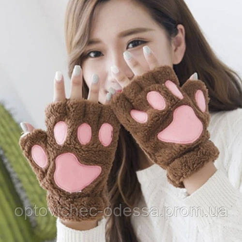 Перчатки митенки Перчатки без пальцев Кошачьи лапки Коричневый Хіт ...