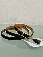 Ремень пояс женский черный кожаный тонкий узкий с золотистой пряжкой