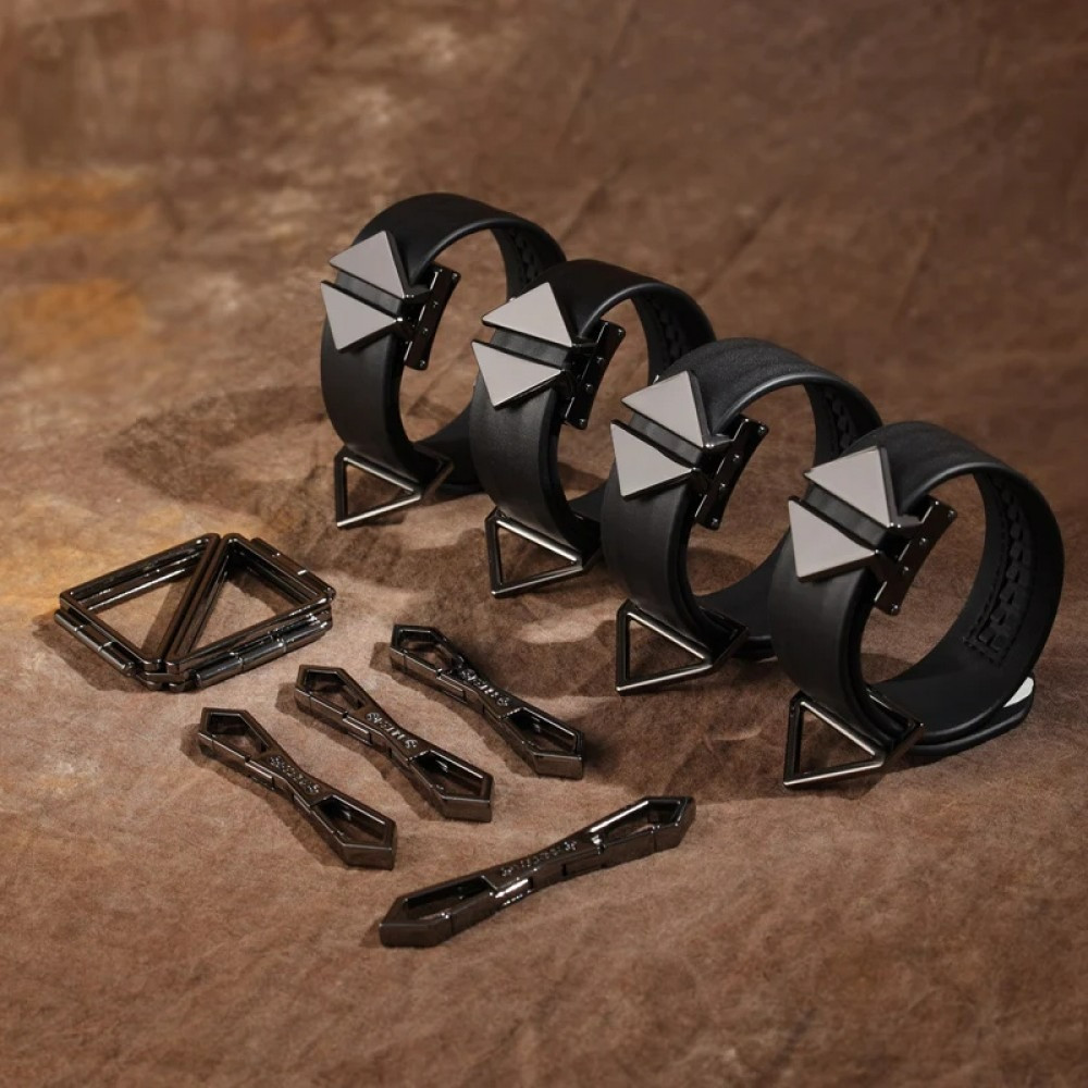 Набір БДСМ: наручники та поні з хрестовиною Lockink, натуральна шкіра та метал, чорний