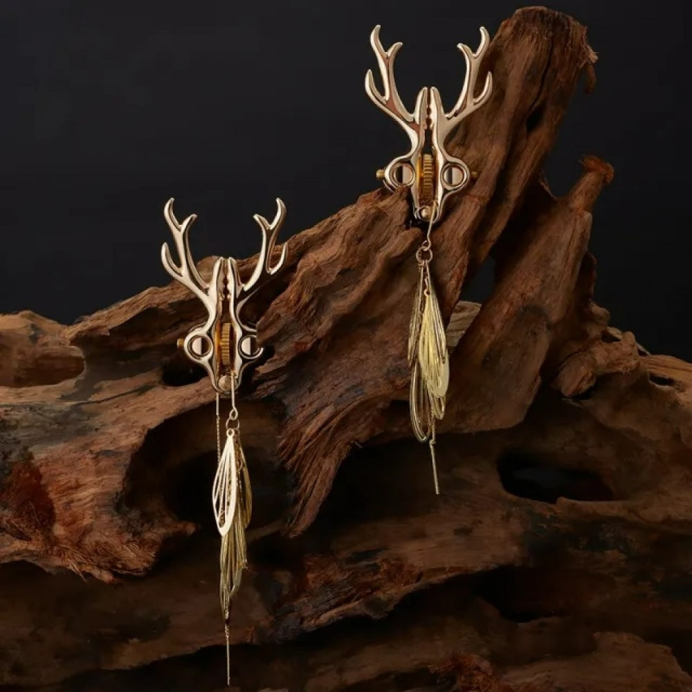 Затискачі для сосків у формі оленів Sevanda Lockin Stag Clamps, з підвісками, металеві, золоті, фото 1