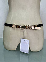 Ремень пояс женский черный кожаный тонкий узкий лак с золотистой пряжкой