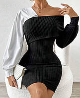 Женское качественное платье с объёмным белым рукавом и в обтяжку платье рубчик чёрное