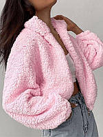 Уютная мягкая объемная женская кофта Тедди укороченная на молнии цвет розовый