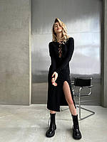 Женское платье обтягивающее миди с вырезом на ноге и на груди и шнуровкой цвет чёрный и бежевый