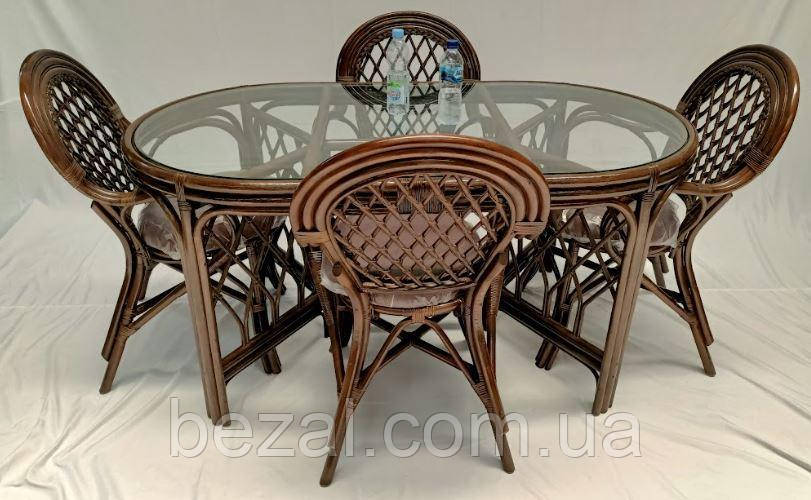 Обідній комплект плетених меблів з натурального ротанга стіл та 4 крісла темно-коричневого кольору, фото 1