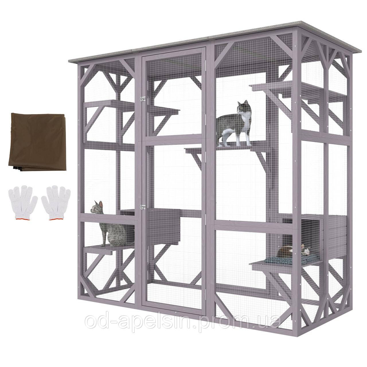 Дерев'яний вольєр для котів VEVOR Cat Cage Condo Catio з 5 платформами, 7-поверховий манеж для тварин з 2 боксами для відпочинку,