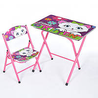 Складаний столик - парта з регулюванням та стільцем з малюнком Кішки з бантиком Bambi M 19-KITTEN Рожевий